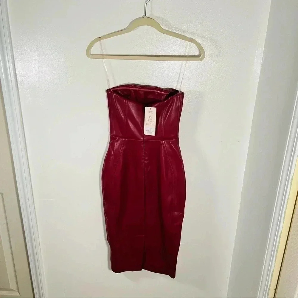 NWT House of CB Saskia Faux Leather Structured Midi Bodycon Dress Wine Red - Picture 3 of 7